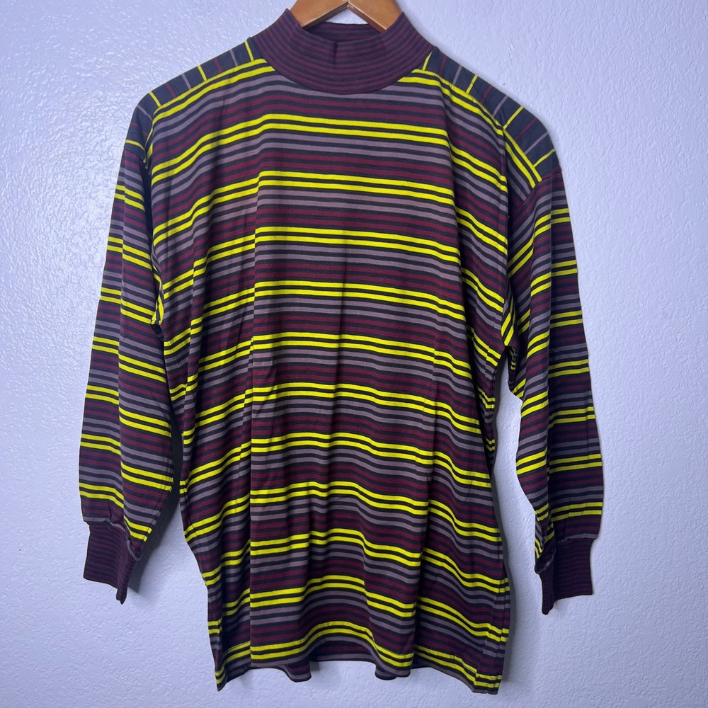 Gudrun Sjoden Striped Mock Neck Long Sleeve Cotton Top Yellow Burgundy Small - Picture 2 of 7